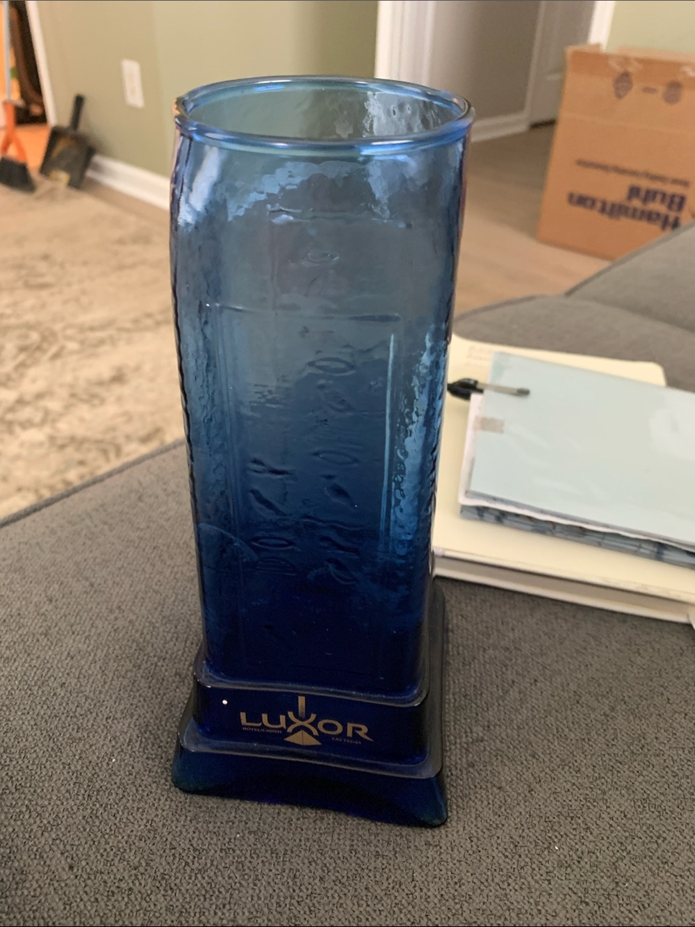 Lux Deep Blue Textured Glass Vase - Tall Square Accent